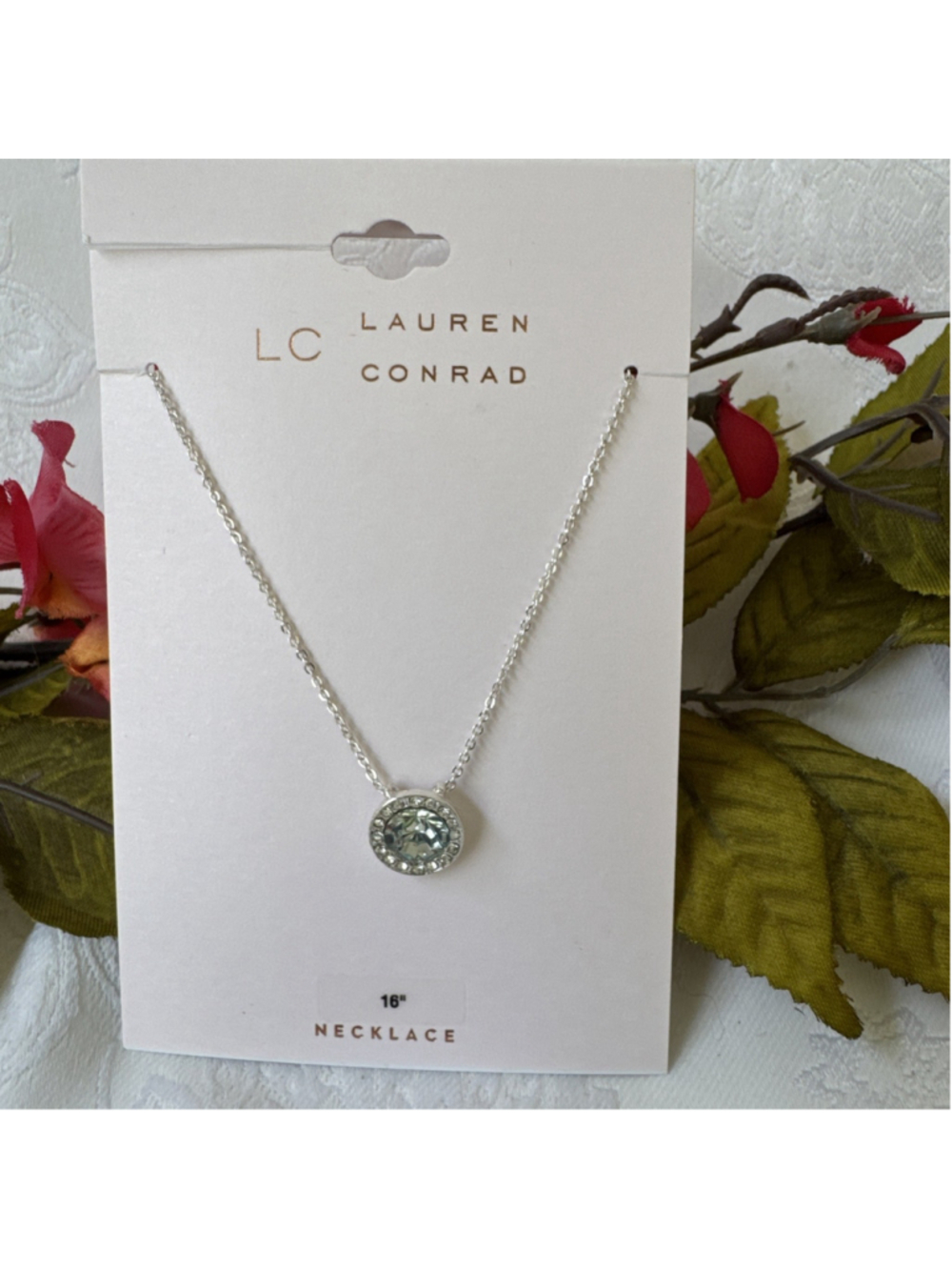 LC Lauren Conrad Dainty Blue Stone Silvertone Charm 16" Statement Necklace NWT
